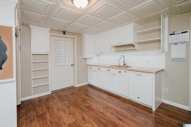 840 Black Acres Rd, Cropwell, AL 35054 - kitchen with white dishwasher, open shelves, dark wood-style flooring, light countertops, and white cabinets