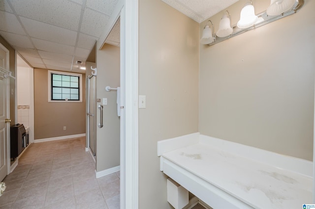 840 Black Acres Rd, Cropwell, AL 35054 - bathroom with tile patterned flooring, a paneled ceiling, and a stall shower