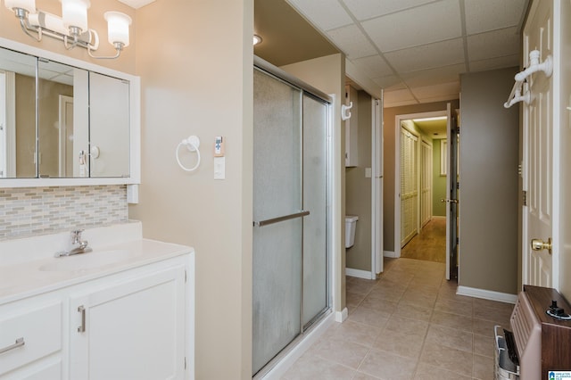 840 Black Acres Rd, Cropwell, AL 35054 - full bath featuring backsplash, a stall shower, vanity, tile patterned flooring, and a chandelier