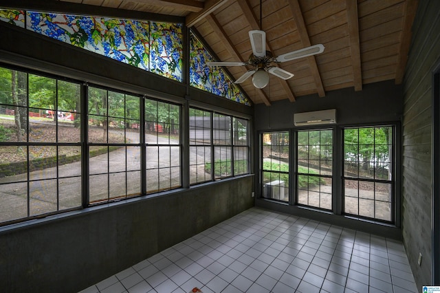 840 Black Acres Rd, Cropwell, AL 35054 - unfurnished sunroom featuring a wall mounted air conditioner, a wooden ceiling with exposed beams, ceiling fan, high vaulted ceiling, and tile patterned floors