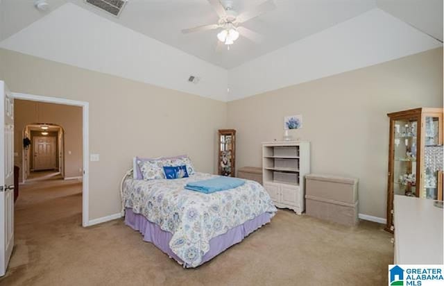 423 Camden Cove Cir, Calera, AL 35040 - bedroom with light carpet, arched walkways, and ceiling fan