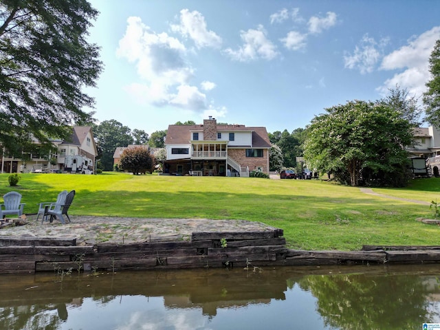 7835 Windsong Dr, Trussville, AL 35173 - dock featuring stairway, a lawn, a water view, and a fire pit
