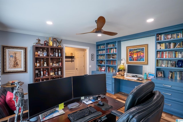 7835 Windsong Dr, Trussville, AL 35173 - office area featuring ceiling fan, crown molding, light wood-type flooring, and recessed lighting