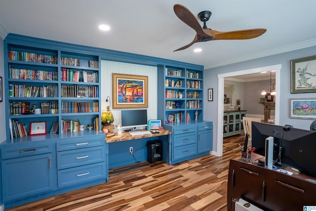 7835 Windsong Dr, Trussville, AL 35173 - office area featuring ornamental molding, a ceiling fan, light wood-type flooring, and recessed lighting
