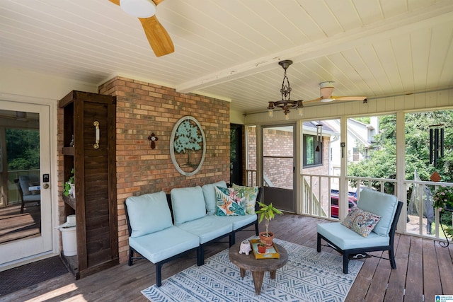 7835 Windsong Dr, Trussville, AL 35173 - sunroom with ceiling fan, an outdoor hangout area, and beamed ceiling