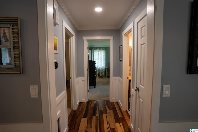 7835 Windsong Dr, Trussville, AL 35173 - hall with dark wood finished floors, crown molding, and recessed lighting