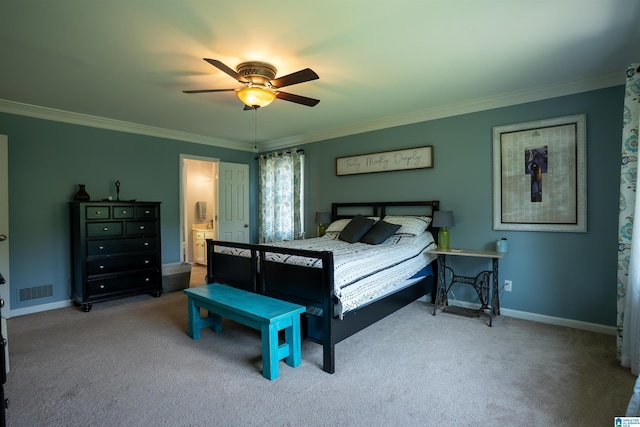 7835 Windsong Dr, Trussville, AL 35173 - carpeted bedroom featuring ornamental molding, a ceiling fan, and ensuite bathroom