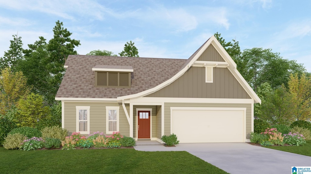 5400 Longmeadow Rdg, Trussville, AL 35173 - view of front of property featuring a front lawn, concrete driveway, board and batten siding, an attached garage, and a shingled roof