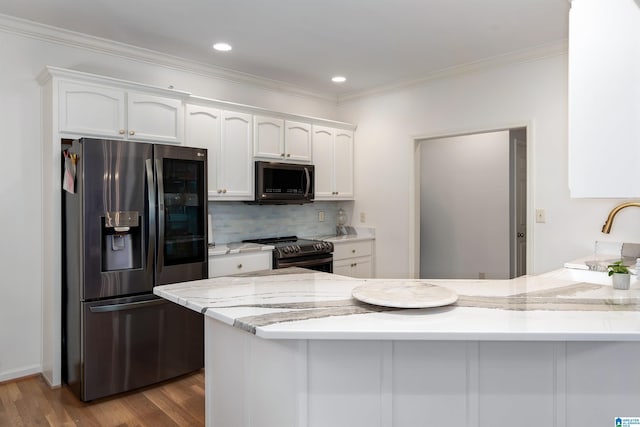 3130 Cahaba Park Dr, Trussville, AL 35173 - kitchen featuring refrigerator with ice dispenser, electric range oven, white cabinetry, light stone countertops, and crown molding