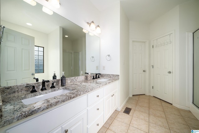 3130 Cahaba Park Dr, Trussville, AL 35173 - full bath featuring double vanity, a stall shower, tile patterned floors, and recessed lighting