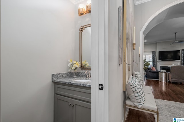 2000 Regency Way, Birmingham, AL 35242 - bathroom with ornamental molding, a ceiling fan, a fireplace, wood finished floors, and vanity