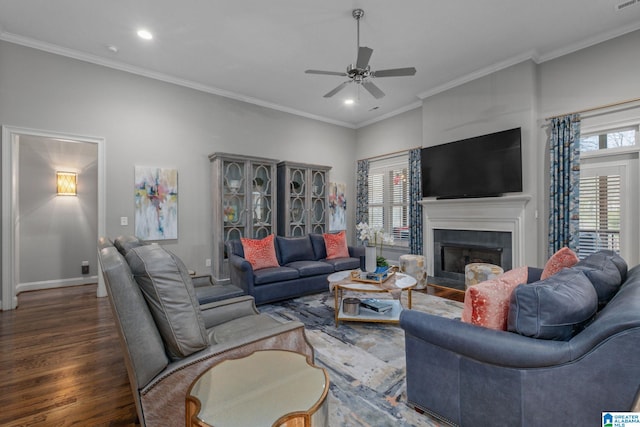 2000 Regency Way, Birmingham, AL 35242 - living area featuring wood finished floors, a fireplace, a ceiling fan, recessed lighting, and crown molding