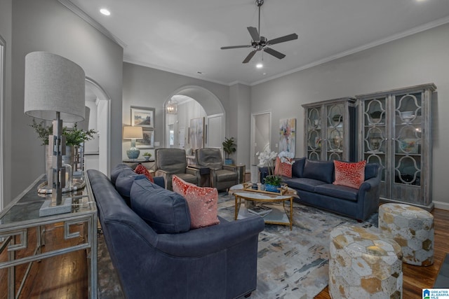 2000 Regency Way, Birmingham, AL 35242 - living area with arched walkways, wood finished floors, a ceiling fan, recessed lighting, and crown molding