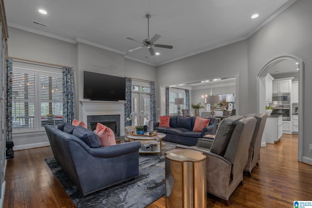 2000 Regency Way, Birmingham, AL 35242 - living area featuring a fireplace, ceiling fan, dark wood-style floors, recessed lighting, and crown molding