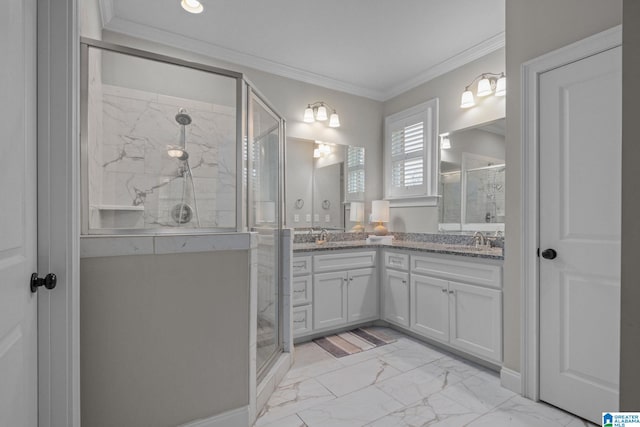 2000 Regency Way, Birmingham, AL 35242 - full bathroom featuring marble finish flooring, double vanity, a stall shower, and crown molding