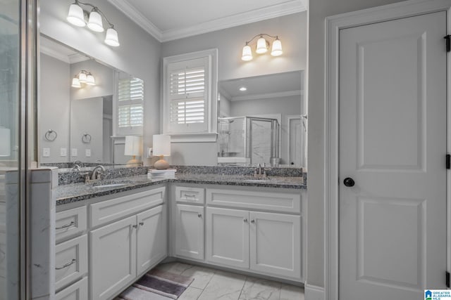 2000 Regency Way, Birmingham, AL 35242 - bathroom with double vanity, a shower stall, marble finish floors, and crown molding