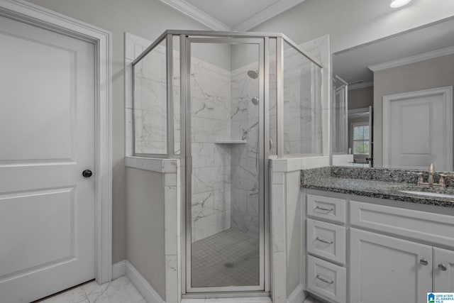 2000 Regency Way, Birmingham, AL 35242 - full bathroom featuring marble look tiles, crown molding, vanity, and a marble finish shower