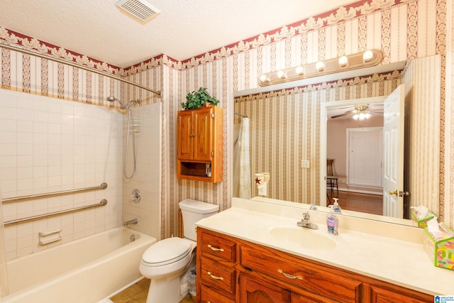 20571 Faynell Cir, Woodstock, AL 35188 - full bath featuring vanity, bathtub / shower combination, tile patterned floors, a textured ceiling, and wallpapered walls