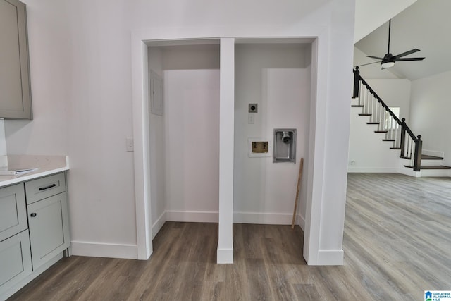 442 Lakeview Cir, Alpine, AL 35014 - kitchen featuring gray cabinets, wood finished floors, ceiling fan, light countertops, and electric panel