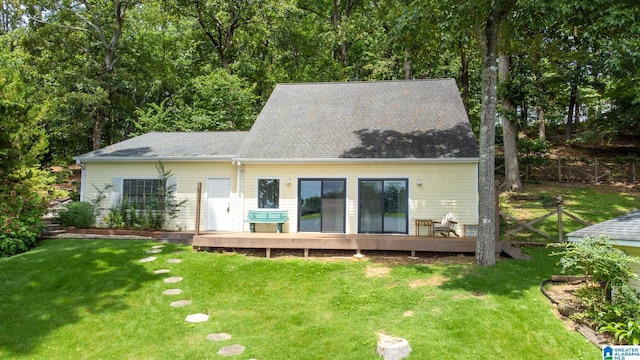 442 Lakeview Cir, Alpine, AL 35014 - back of house featuring a wooden deck, a lawn, and a shingled roof