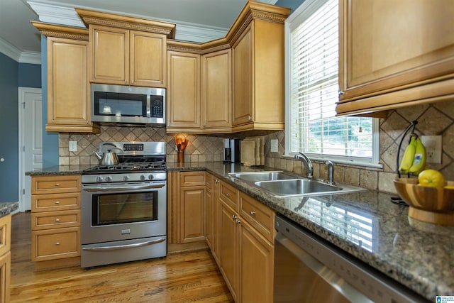 5668 Carrington Lake Pkwy, Trussville, AL 35173 - kitchen with stainless steel appliances, ornamental molding, light wood-style flooring, tasteful backsplash, and dark stone countertops