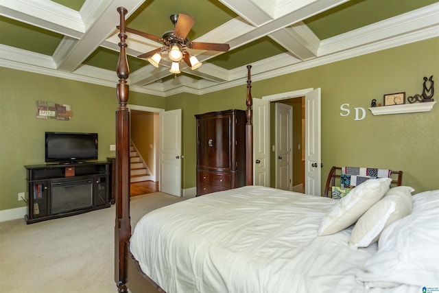 5668 Carrington Lake Pkwy, Trussville, AL 35173 - carpeted bedroom featuring coffered ceiling, ornamental molding, beamed ceiling, and ceiling fan