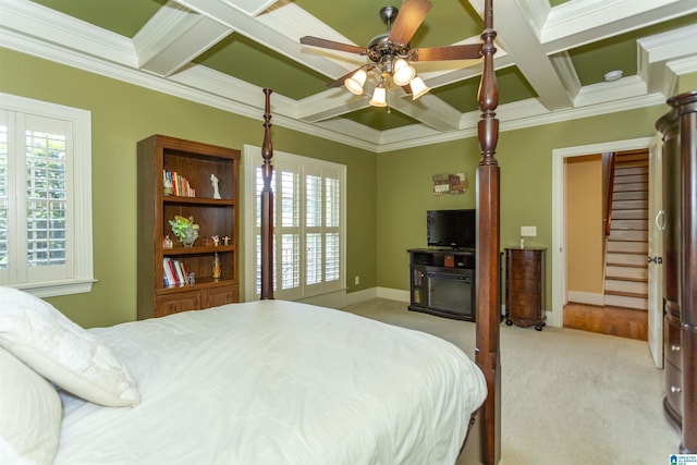 5668 Carrington Lake Pkwy, Trussville, AL 35173 - bedroom featuring coffered ceiling, ornamental molding, light colored carpet, and beamed ceiling