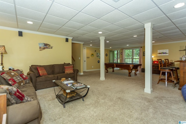 5668 Carrington Lake Pkwy, Trussville, AL 35173 - living area featuring pool table, crown molding, carpet flooring, recessed lighting, and bar area