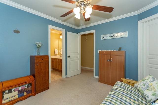 5668 Carrington Lake Pkwy, Trussville, AL 35173 - bedroom with crown molding, light colored carpet, a ceiling fan, and connected bathroom
