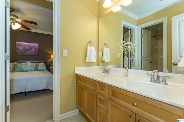 5668 Carrington Lake Pkwy, Trussville, AL 35173 - bathroom featuring ensuite bathroom, ornamental molding, double vanity, ceiling fan, and tile patterned floors