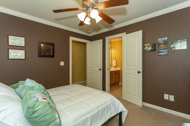 5668 Carrington Lake Pkwy, Trussville, AL 35173 - bedroom with light carpet, ornamental molding, ceiling fan, and ensuite bath