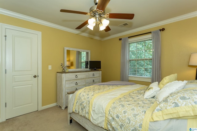 5668 Carrington Lake Pkwy, Trussville, AL 35173 - bedroom featuring light carpet, ornamental molding, and ceiling fan