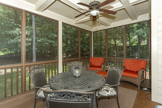 5668 Carrington Lake Pkwy, Trussville, AL 35173 - sunroom / solarium featuring ceiling fan, coffered ceiling, outdoor dining area, and beam ceiling