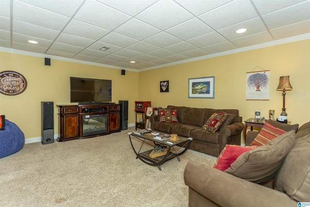5668 Carrington Lake Pkwy, Trussville, AL 35173 - carpeted living room with crown molding, recessed lighting, and a paneled ceiling