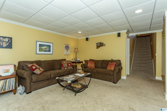 5668 Carrington Lake Pkwy, Trussville, AL 35173 - carpeted living area featuring ornamental molding, stairway, and recessed lighting