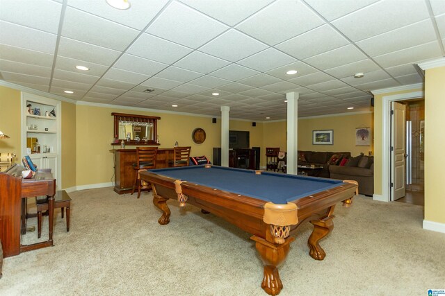 5668 Carrington Lake Pkwy, Trussville, AL 35173 - playroom with carpet flooring, billiards, ornamental molding, ornate columns, and recessed lighting