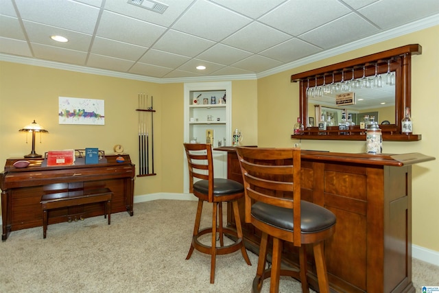 5668 Carrington Lake Pkwy, Trussville, AL 35173 - indoor bar with carpet flooring, built in shelves, ornamental molding, and recessed lighting