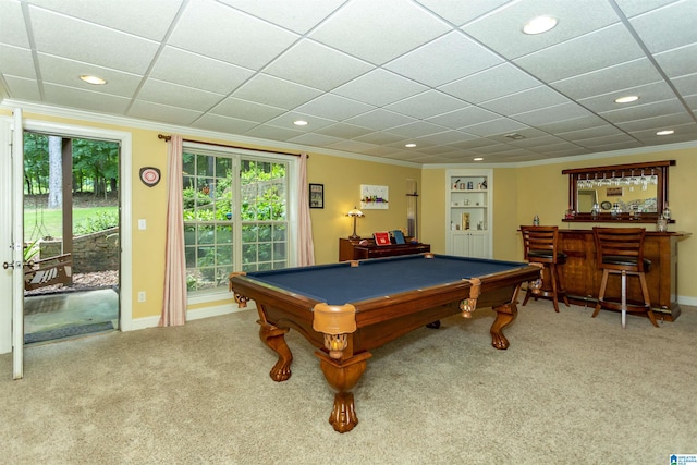 5668 Carrington Lake Pkwy, Trussville, AL 35173 - recreation room featuring crown molding, a bar, billiards table, carpet floors, and recessed lighting