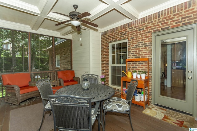 5668 Carrington Lake Pkwy, Trussville, AL 35173 - sunroom / solarium featuring coffered ceiling, ceiling fan, beamed ceiling, and outdoor dining space