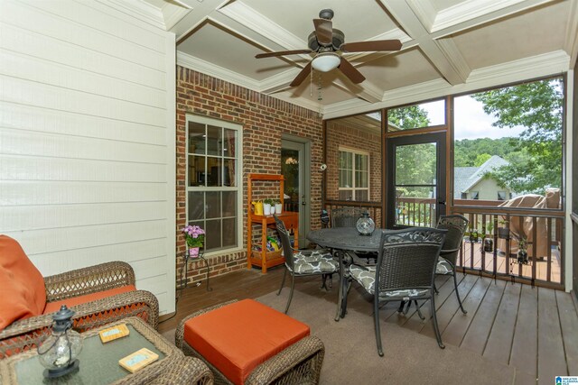 5668 Carrington Lake Pkwy, Trussville, AL 35173 - sunroom with ceiling fan, outdoor dining area, coffered ceiling, and beamed ceiling