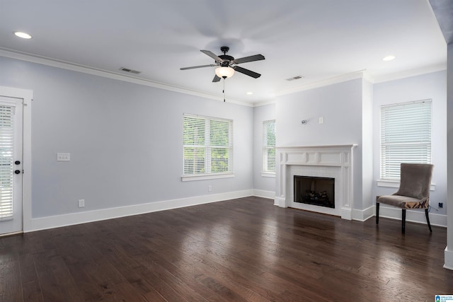 7593 Paine Dr, Trussville, AL 35173 - unfurnished living room featuring a ceiling fan, ornamental molding, dark wood-style flooring, a fireplace, and recessed lighting