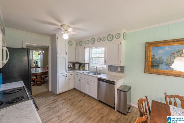 1912 Tall Timbers Dr, Hoover, AL 35226 - kitchen featuring stainless steel dishwasher, light countertops, crown molding, white cabinetry, and light wood-style floors