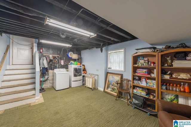 1912 Tall Timbers Dr, Hoover, AL 35226 - basement with washing machine and clothes dryer, carpet, and stairs