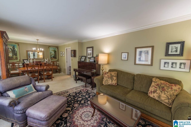 1912 Tall Timbers Dr, Hoover, AL 35226 - living room featuring a chandelier, light colored carpet, and ornamental molding