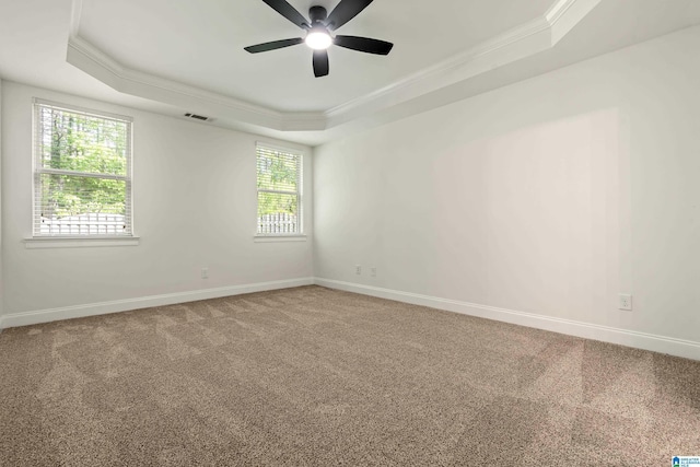 5381 Park Side Cir, Hoover, AL 35244 - empty room with a raised ceiling, crown molding, a ceiling fan, and carpet