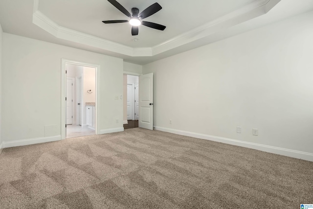 5381 Park Side Cir, Hoover, AL 35244 - unfurnished bedroom with a raised ceiling, crown molding, light colored carpet, ensuite bathroom, and ceiling fan