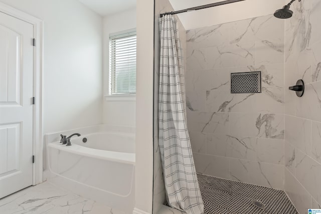 5381 Park Side Cir, Hoover, AL 35244 - full bath with a bath, a tile shower, and marble look tile flooring