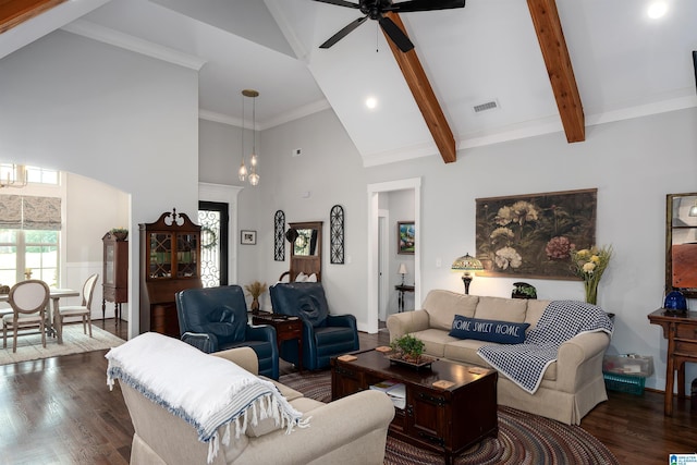 715 W Cassie Dr, Pell City, AL 35128 - living room featuring high vaulted ceiling, dark wood finished floors, ceiling fan, beam ceiling, and recessed lighting