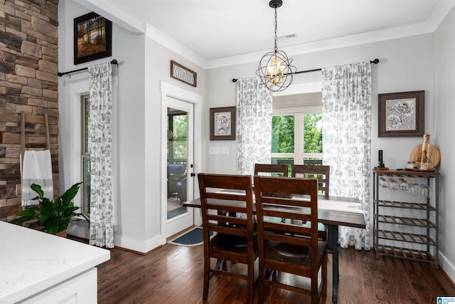 715 W Cassie Dr, Pell City, AL 35128 - dining room with a chandelier, healthy amount of natural light, dark wood finished floors, and ornamental molding