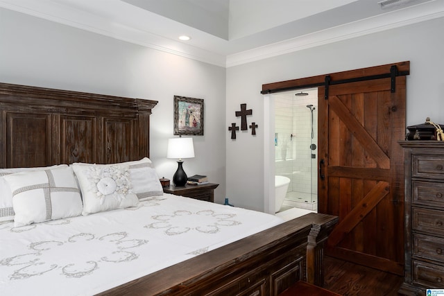 715 W Cassie Dr, Pell City, AL 35128 - bedroom with wood finished floors, crown molding, a barn door, connected bathroom, and recessed lighting
